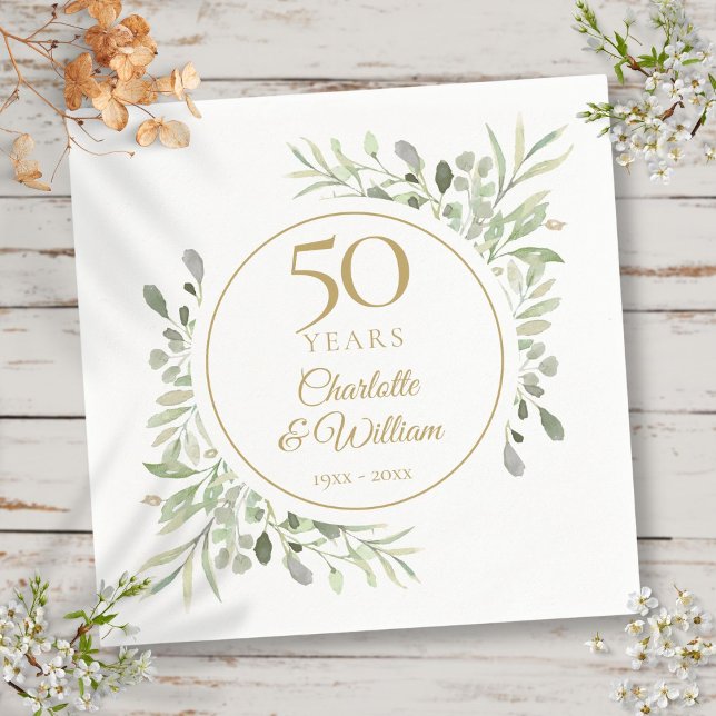 Elegant Guld 50-årsjubileum Akvarell Grönska Pappersservett (Elegant Gold 50th Anniversary Watercolor Greenery Napkins)