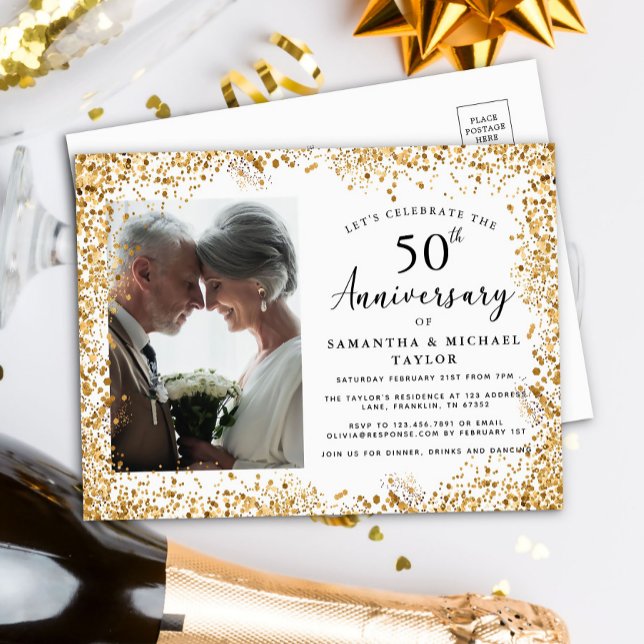 Elegant Guld 50:e Bröllop-årsdagen Inbjudan Vykort (Skapare uppladdad)