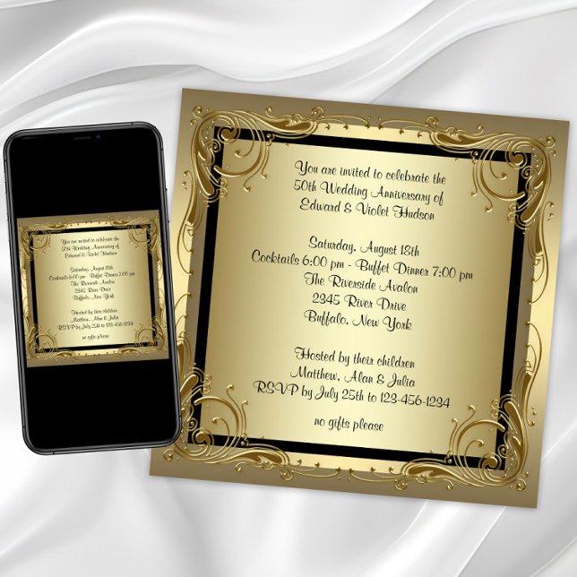 Elegant Guld 50:e Bröllop-årsdagen Party Inbjudningar (Elegant Gold 50th Wedding Anniversary Party Invitation with gold swirl border. Any event or occasion)