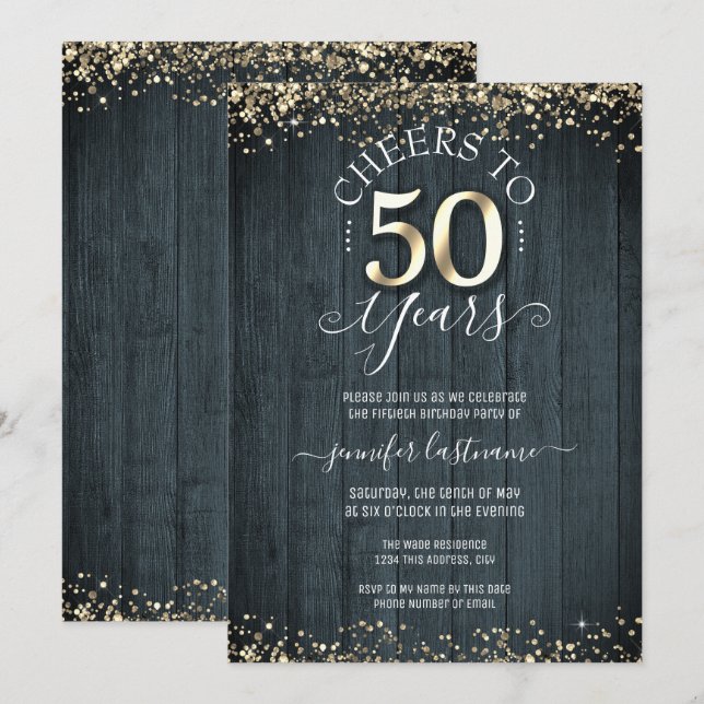 Elegant Guld 50:e födelsedag formell inbjudan (Fram/baksida)