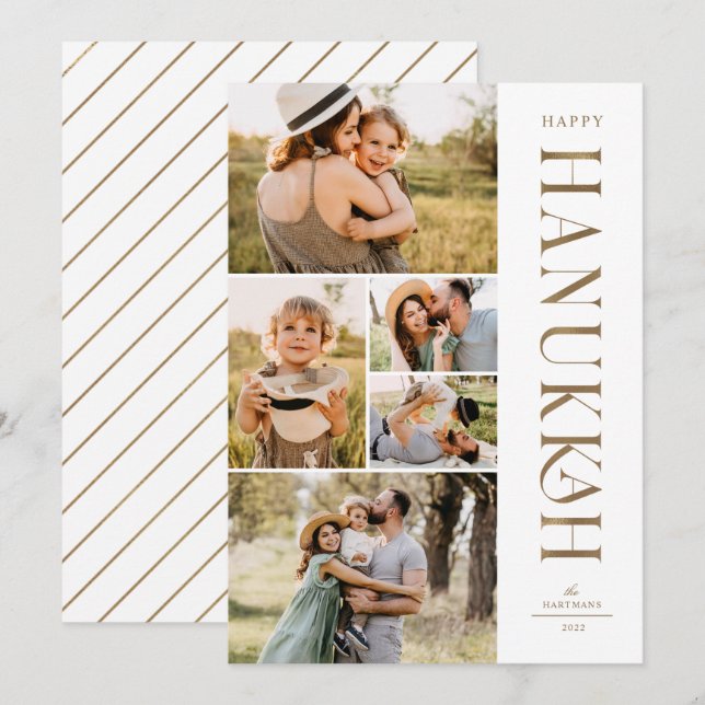 Elegant Guld 5 Photo Collage Hanukkah Julkort (Fram/baksida)