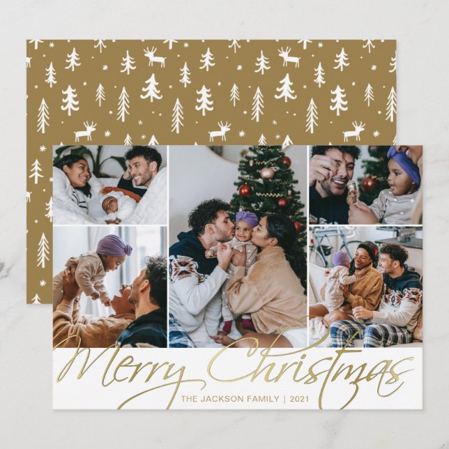 Elegant Guld 5 Photo God jul Helgdag Card Inbjudningar (Fram/baksida)