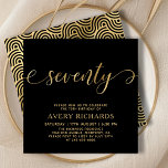 Elegant Guld 70:e födelsedag med 70-bitars svart s Inbjudningar<br><div class="desc">Elegant Chic Black och Guld 70:e födelsedagsinbjudan. Den här moderna födelsedagsfest inbjudan-mallen innehåller snyggt "sjuttio" text i stora faux-guld-folier med ett kort handskrivet kalligrafi (eller typografi)-skript med dekorerat svan, party-detaljer i guld färg på svart bakgrund. Vid den omvända sidan av faux guld svänger vågcirkeln mönster mot den svarta bakgrunden från...</div>