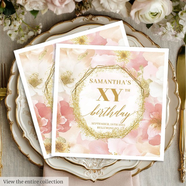 Elegant Guld  80 Anpassningsbar av födelsedagstuss Pappersservett (Elegant Gold Blush 80 Birthday Napkins Custom Text)