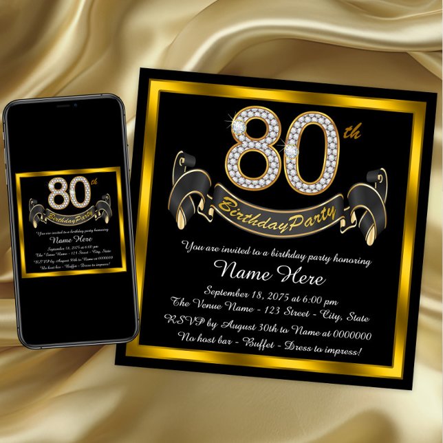 Elegant Guld 80:e Födelsedagsfesten Inbjudningar (80th birthday party invitations. Instant download and printed invitations available. )