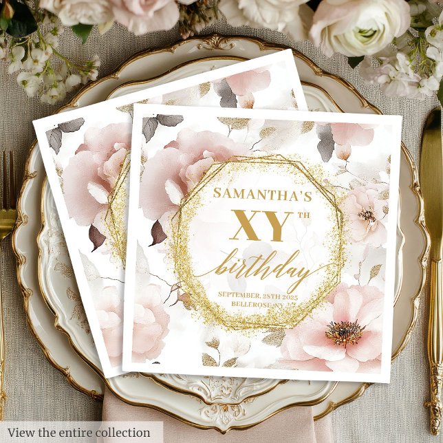 Elegant  Guld 90 Födelsedag Napkins Anpassningsbar Pappersservett (Elegant Blush Gold 90 Birthday Napkins Custom Text)