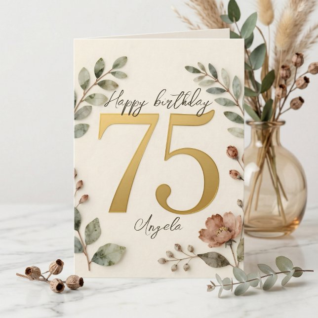 Elegant Guld Akvarell Botanisk 75-årsdag Kort (Skapare uppladdad)