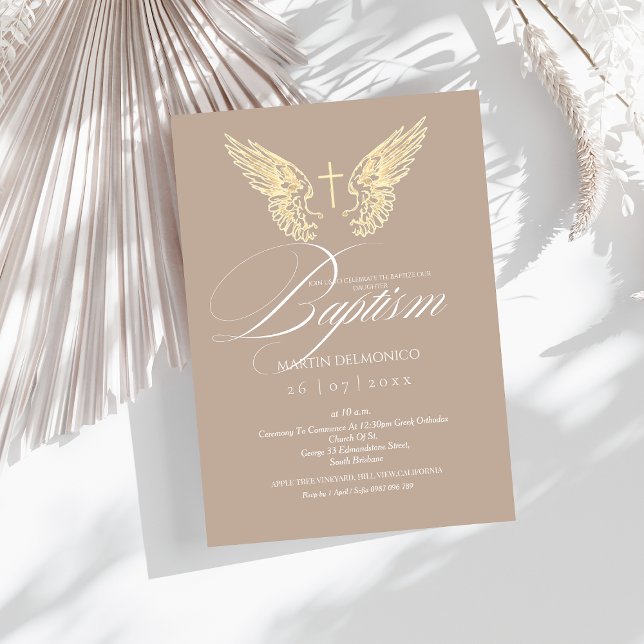 Elegant Guld Angel Vingar Typografi Kor Baptism Inbjudningar (Skapare uppladdad)