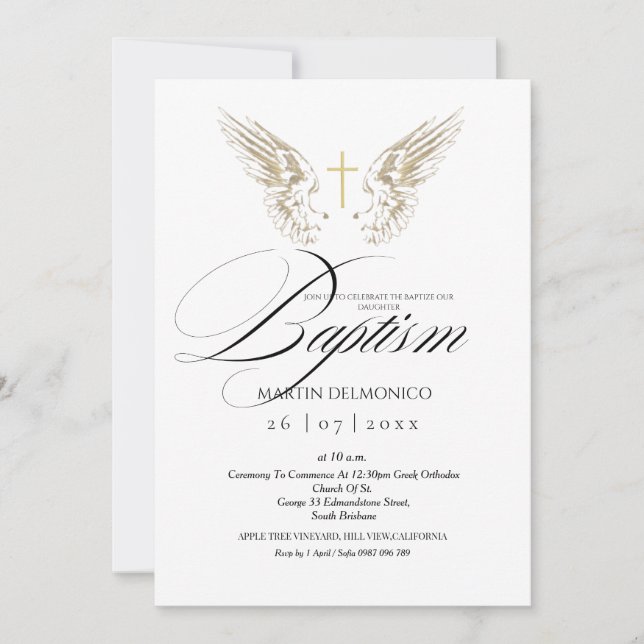 Elegant Guld Angel Vingar Typografi Kor Baptism Inbjudningar (Framsida)