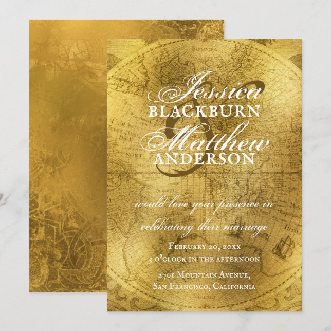 Elegant Guld - antika världskartan Bröllop Inbjudningar (Fram/baksida)