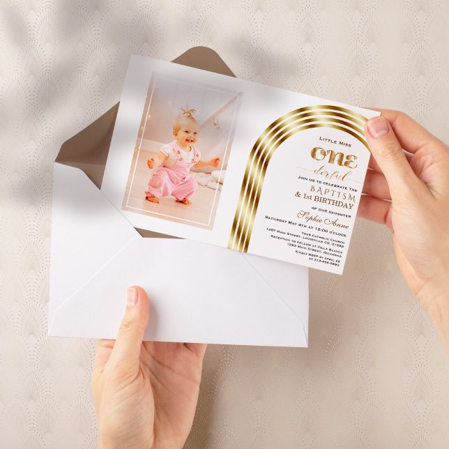 Elegant Guld Arch Baptism 1:a födelsedag Flickfoto Inbjudningar (Skapare uppladdad)
