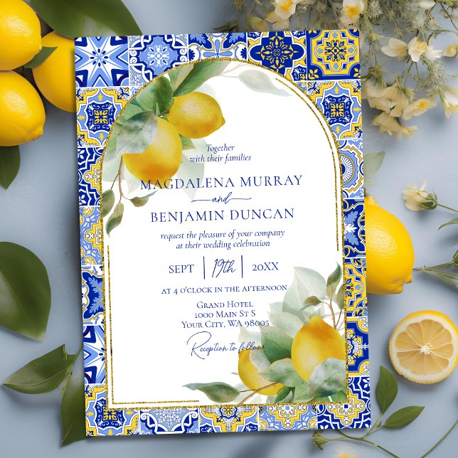 Elegant Guld Arch italiensk Blue Tile Lemons Bröll Inbjudningar (Skapare uppladdad)
