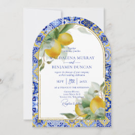 Elegant Guld Arch italiensk Blue Tile Lemons Bröll Inbjudningar
