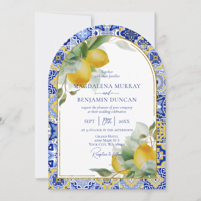 Elegant Guld Arch italiensk Blue Tile Lemons Bröll Inbjudningar (Framsida)