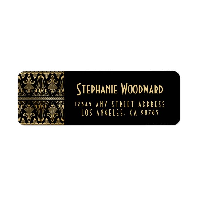 Elegant Guld Art Deco Blommigt Black Returadress Returadress Etikett (Framsidan)