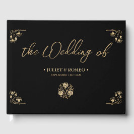 Elegant guld Art Deco & calligraphy black, bröllop Gästböcker