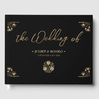 Elegant guld Art Deco & calligraphy black, bröllop Gästböcker