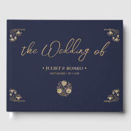 Elegant guld Art Deco & calligraphy blue, bröllop Gästböcker