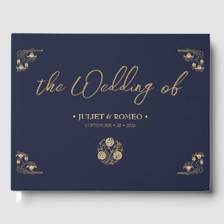 Elegant guld Art Deco & calligraphy blue, bröllop Gästböcker