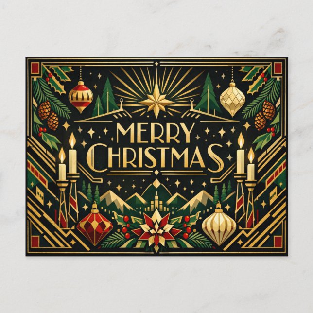 Elegant Guld Art Deco God Jul Helg Vykort (Framsida)