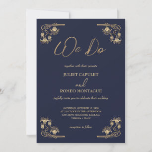 Elegant guld Art Deco om blått vi gör bröllop Inbjudningar