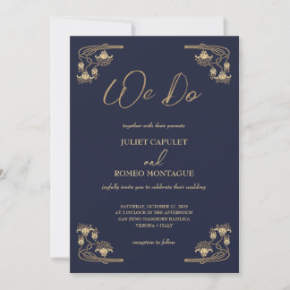 Elegant guld Art Deco om blått vi gör bröllop Inbjudningar