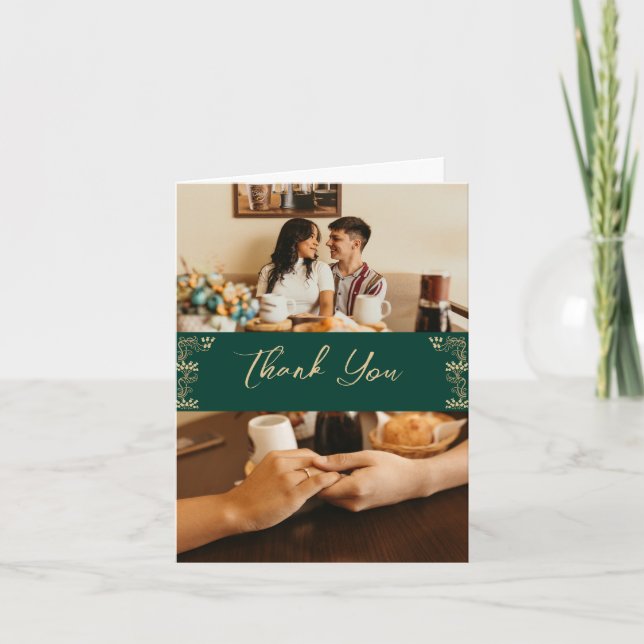 Elegant guld Art Deco på grönt, 2 foton bröllop Tack Kort (Framsida)