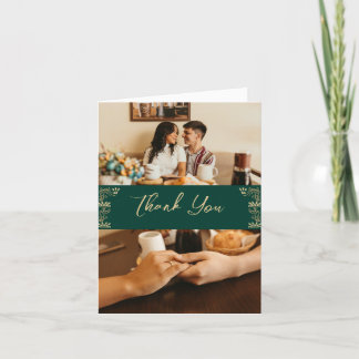 Elegant guld Art Deco på grönt, 2 foton bröllop Tack Kort