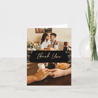 Elegant guld Art Deco på svart, 2 foton bröllop T Tack Kort