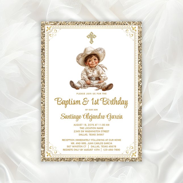 Elegant guld baby charro dop & födelsedag  inbjudningar (Cute baby charro baptism invitation. You can change all text as needed for your event. )