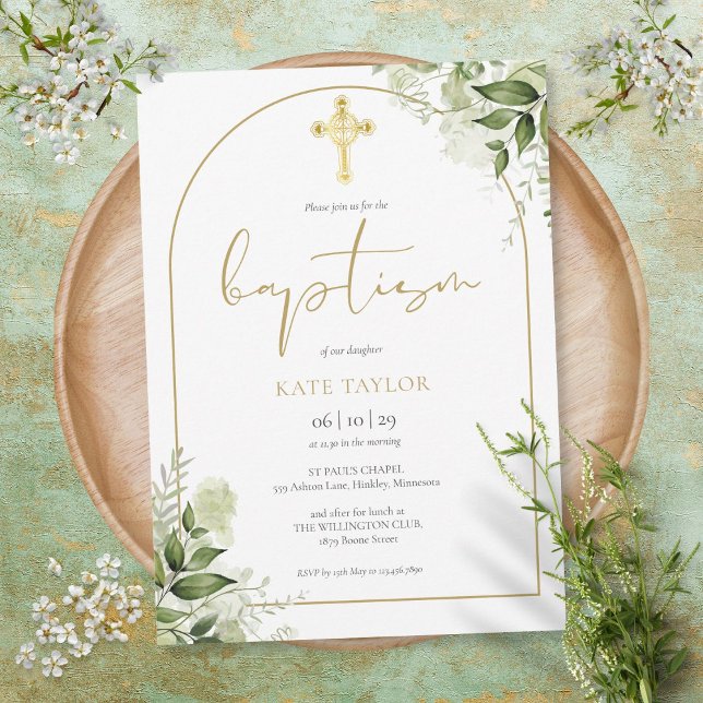Elegant guld båge grönska blommande löv dop inbjudningar (Skapare uppladdad)