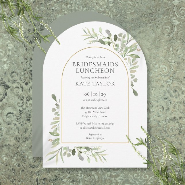 Elegant guld båge grönska brudtärnor lunch inbjudningar (Elegant Gold Arch Greenery Bridesmaids Luncheon Invitation)