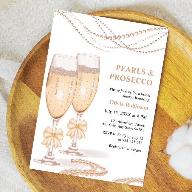 Elegant guld båge pärlor och Prosecco bröllopsdusc Inbjudningar (Elegant Gold Bow Pearls and Prosecco Bridal Shower Invitation    )
