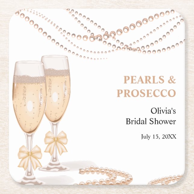 Elegant guld båge pärlor och Prosecco bröllopsfest Underlägg Papper Kvadrat (Framsidan)