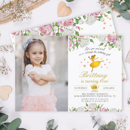 Elegant Guld Ballerina Blommigt Flickfoto på födel Inbjudningar