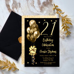Elegant Guld-ballonger om svart 21:a födelsedag Pa Inbjudningar<br><div class="desc">Elegant faux-ballonger med glitter-guld-ton med stora båge och strömmar och accentstjärnor "21" 21:a födelsedag inbjuden till party firande.</div>
