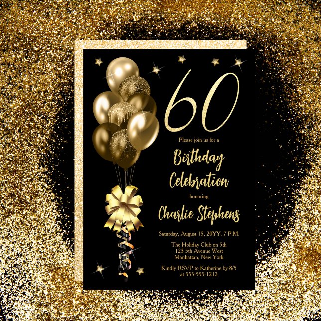 Elegant Guld-ballonger på 60:e Födelsedagsfesten s Inbjudningar (Elegant Gold-Toned Balloons on Black 60th Birthday Party Invitation)