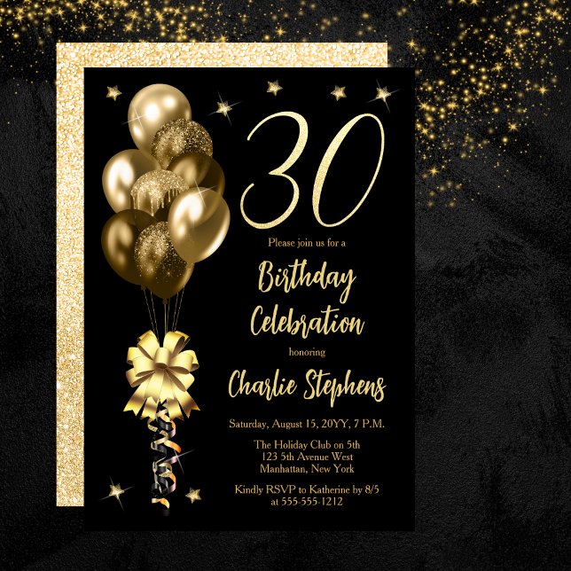Elegant Guld-ballonger vid Svarta 30års födelsedag Inbjudningar (Elegant Gold-Toned Balloons on Black 30th Birthday Party Invitation)
