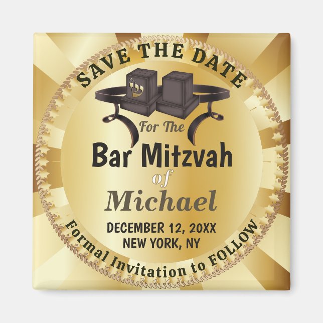 Elegant guld Bar Mitzvah Tefillin Spara datumet Magnet (Framsidan)