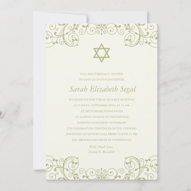 Elegant Guld Bat mitzvah Inbjudningar (Framsida)