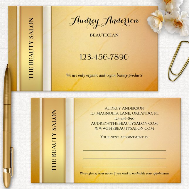 Elegant Guld Beauty Möte Affärskort Tidsbeställning Kort (Professional glam appointment business card in gold and ivory with peach)