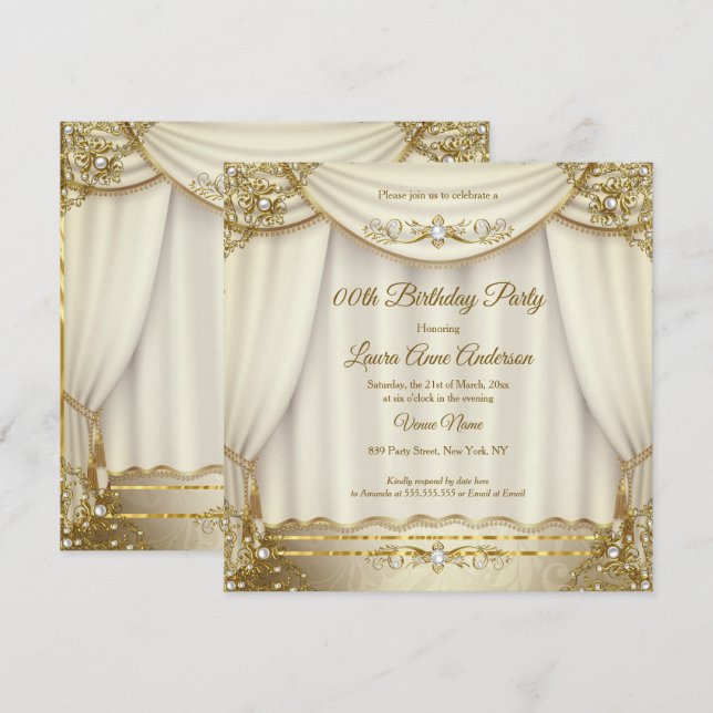 Elegant Guld Beige Cream Pearl Drapes Birthday Inbjudningar (Fram/baksida)