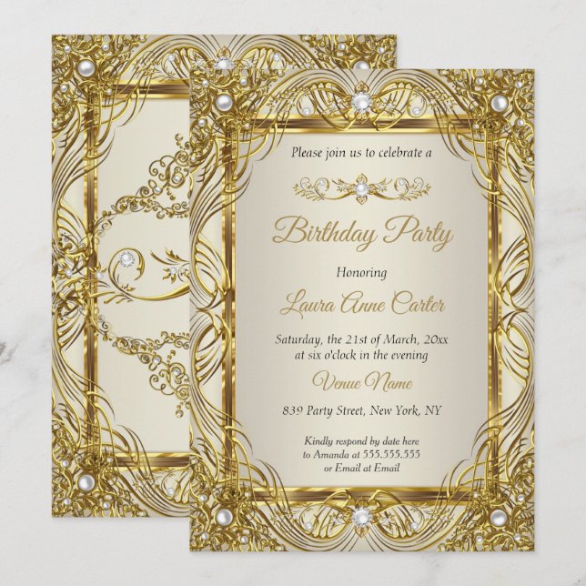 Elegant Guld beige Kräm Pärl Damast festlig Inbjudningar (Fram/baksida)