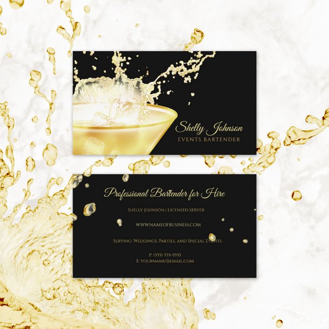 Elegant Guld Beverage Stänk Events Bartender Visitkort (Elegant Gold Beverage Splash Events Bartender Business Cards)