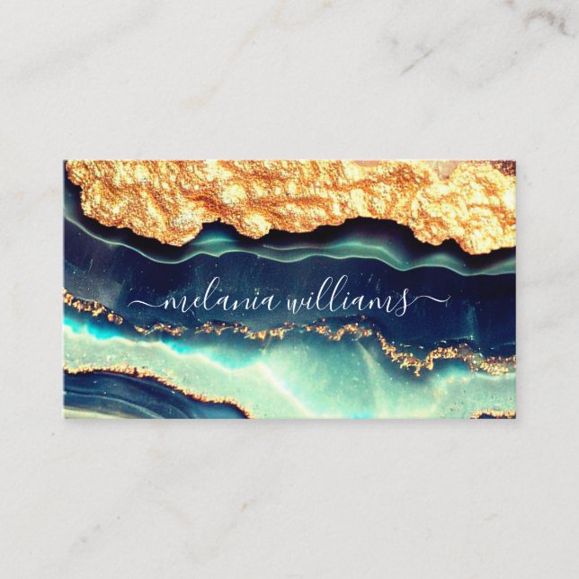 Elegant guld blå marmor agat geod QR-kod Visitkort (Framsida)