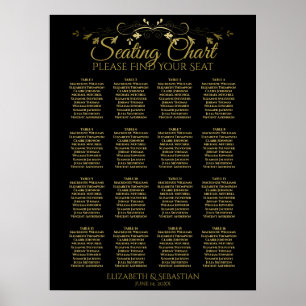 Elegant Guld Black 16 Bord Bröllop sätesdiagram Poster