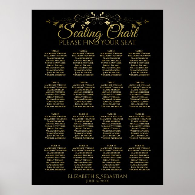 Elegant Guld Black 16 Bord Bröllop sätesdiagram Poster (Framsidan)