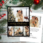 Elegant Guld Black 4 Photo Collage jul Julkort<br><div class="desc">Minimalistiskt, Elegant Calligraphy 4 Photo Collage God jul Script Helgdag Card i Black and Guld. Den här snygga, enkla fyra (4) fotokortmallen har en fotokollage i söt rutnät och säger "God jul"! Texten "God jul" hälsning är skriven på ett vackert handskrivet teckensnitt som snabbt byts ut mot svan. På motsatt...</div>