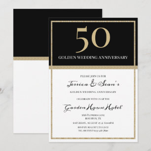 Elegant Guld & Black 50:e Bröllop-årsdagen Inbjudningar
