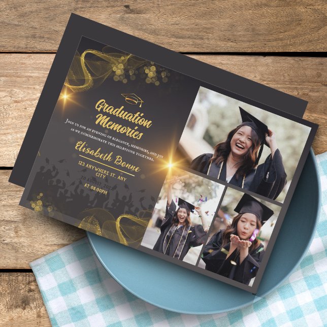 Elegant Guld & Black Anpassningsbar Studenten Inbj Inbjudningar (Elegant Gold & Black Custom Graduation Invites – Personalized)